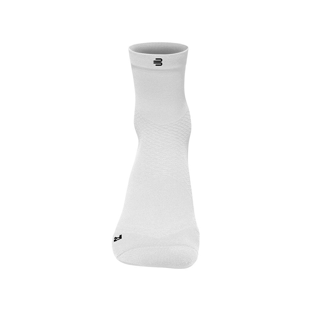 White Bauerfeind Run Ultralight mid cut running sock, front view showing the ankle compression zone
