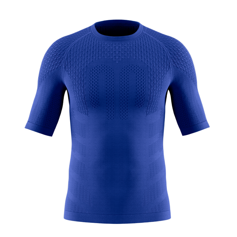 Blue short-sleeve compression shirt on a light gray background